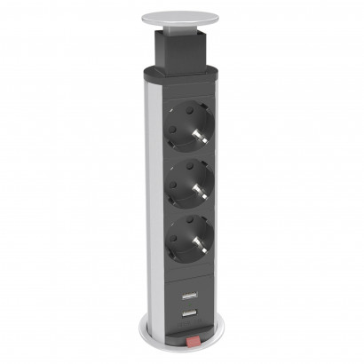 Einbausteckdose Axessline PopUp - 3 Steckdosen, 2 USB-A, Ø 60 mm, Silber