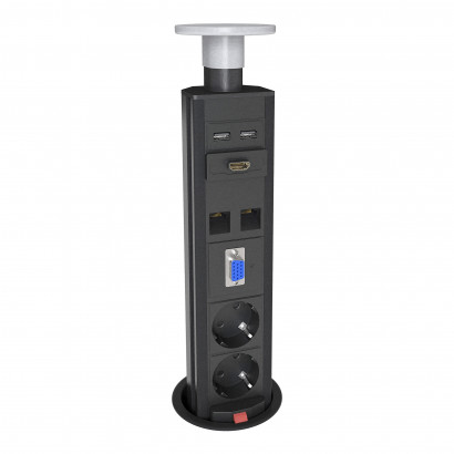 Einbausteckdose Axessline PopUp - 2 Steckdosen, 2 Netzwerk, 2 USB-A, VGA/Audio, HDMI,  Ø80 mm