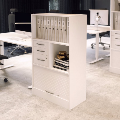 Schrank mit Jalousie, Schubladen und einem Regal