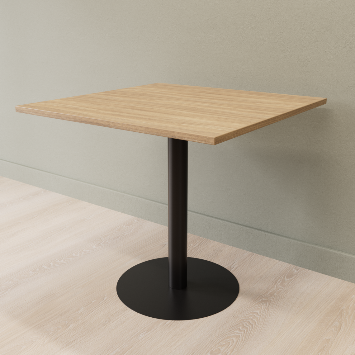 Cafebord med firkantet bordplade og rund fod, Størrelse 60 x 60 cm, Bordplade Eg, Stativ Sort