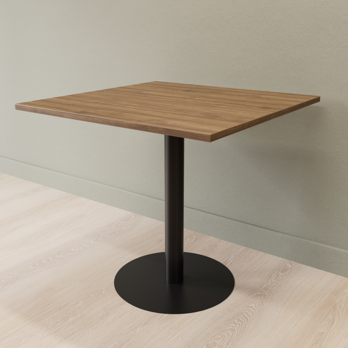 Cafebord med firkantet bordplade og rund fod, Størrelse 60 x 60 cm, Bordplade Valnød, Stativ Sort