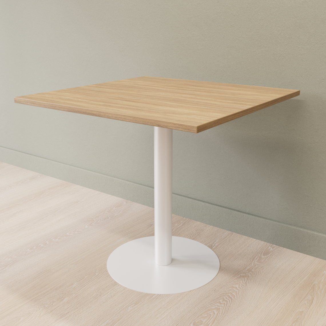 Cafebord med firkantet bordplade og rund fod, Størrelse 60 x 60 cm, Bordplade Eg, Stativ Hvid