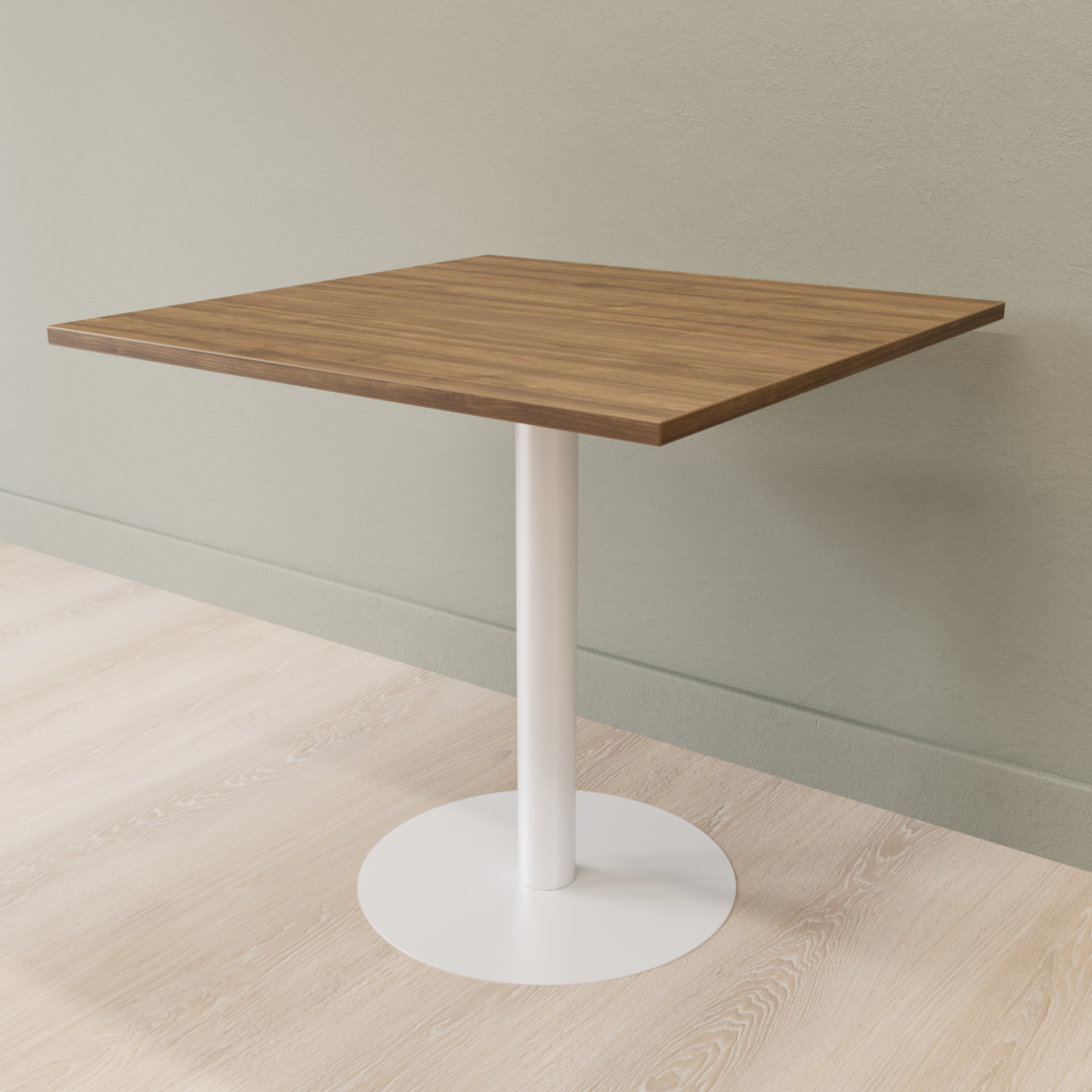 Cafebord med firkantet bordplade og rund fod, Størrelse 60 x 60 cm, Bordplade Valnød, Stativ Hvid