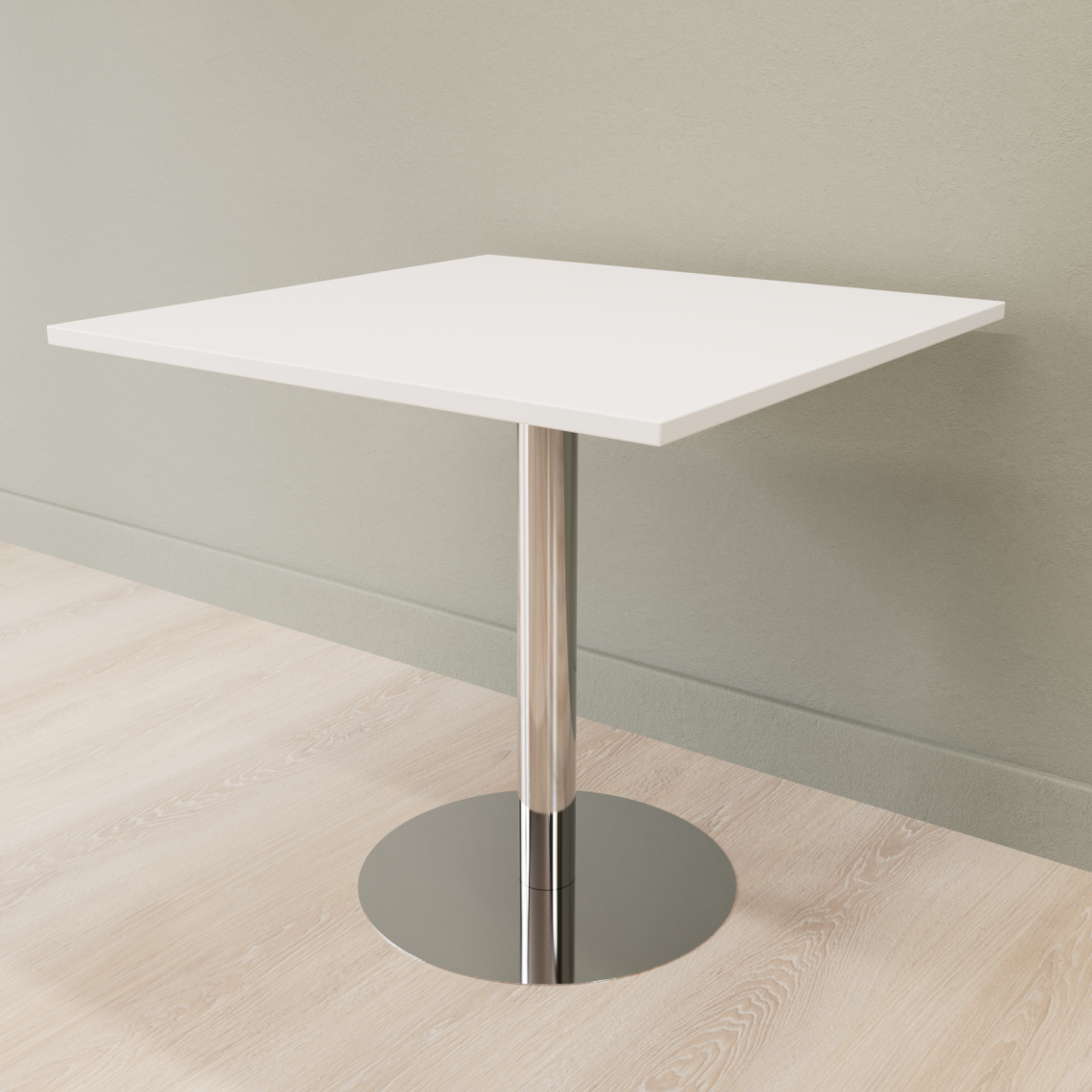 Cafebord med firkantet bordplade og rund fod, Størrelse 60 x 60 cm, Bordplade Hvid, Stativ Poleret rustfrit stål