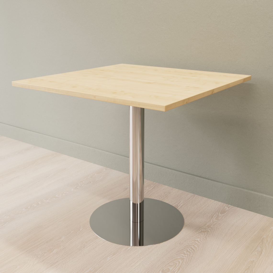 Cafebord med firkantet bordplade og rund fod, Størrelse 60 x 60 cm, Bordplade Birk, Stativ Poleret rustfrit stål
