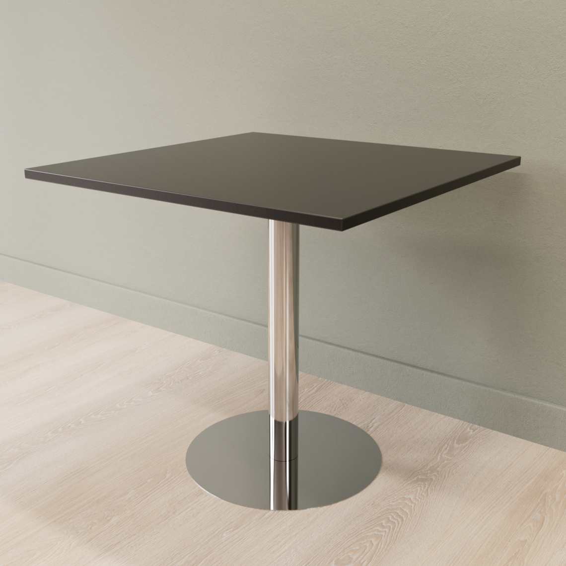 Cafebord med firkantet bordplade og rund fod, Størrelse 60 x 60 cm, Bordplade Sort, Stativ Poleret rustfrit stål