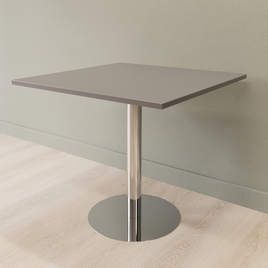 Cafebord med firkantet bordplade og rund fod, Størrelse 60 x 60 cm, Bordplade Mørkegrå, Stativ Poleret rustfrit stål