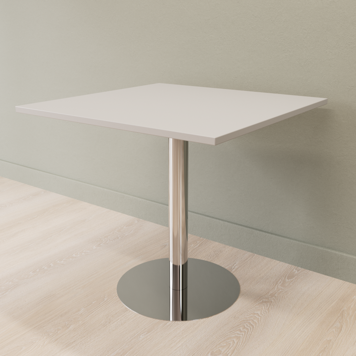 Cafebord med firkantet bordplade og rund fod, Størrelse 60 x 60 cm, Bordplade Lysegrå, Stativ Poleret rustfrit stål