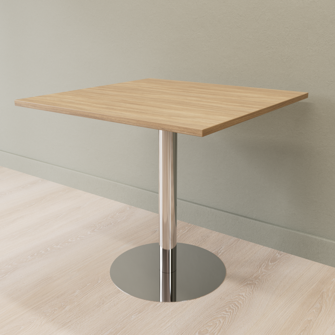 Cafebord med firkantet bordplade og rund fod, Størrelse 60 x 60 cm, Bordplade Eg, Stativ Poleret rustfrit stål