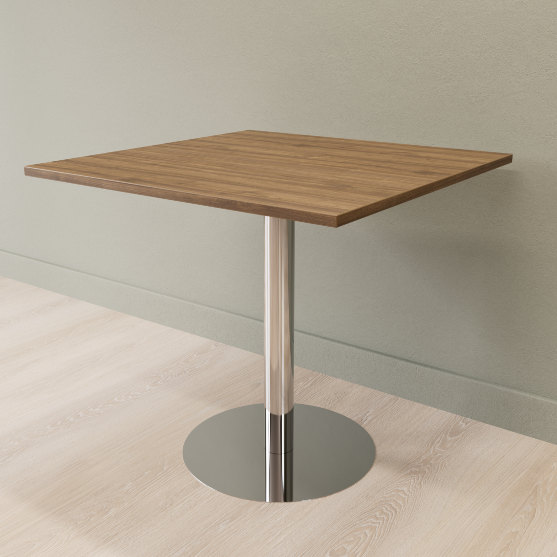 Cafebord med firkantet bordplade og rund fod, Størrelse 60 x 60 cm, Bordplade Valnød, Stativ Poleret rustfrit stål