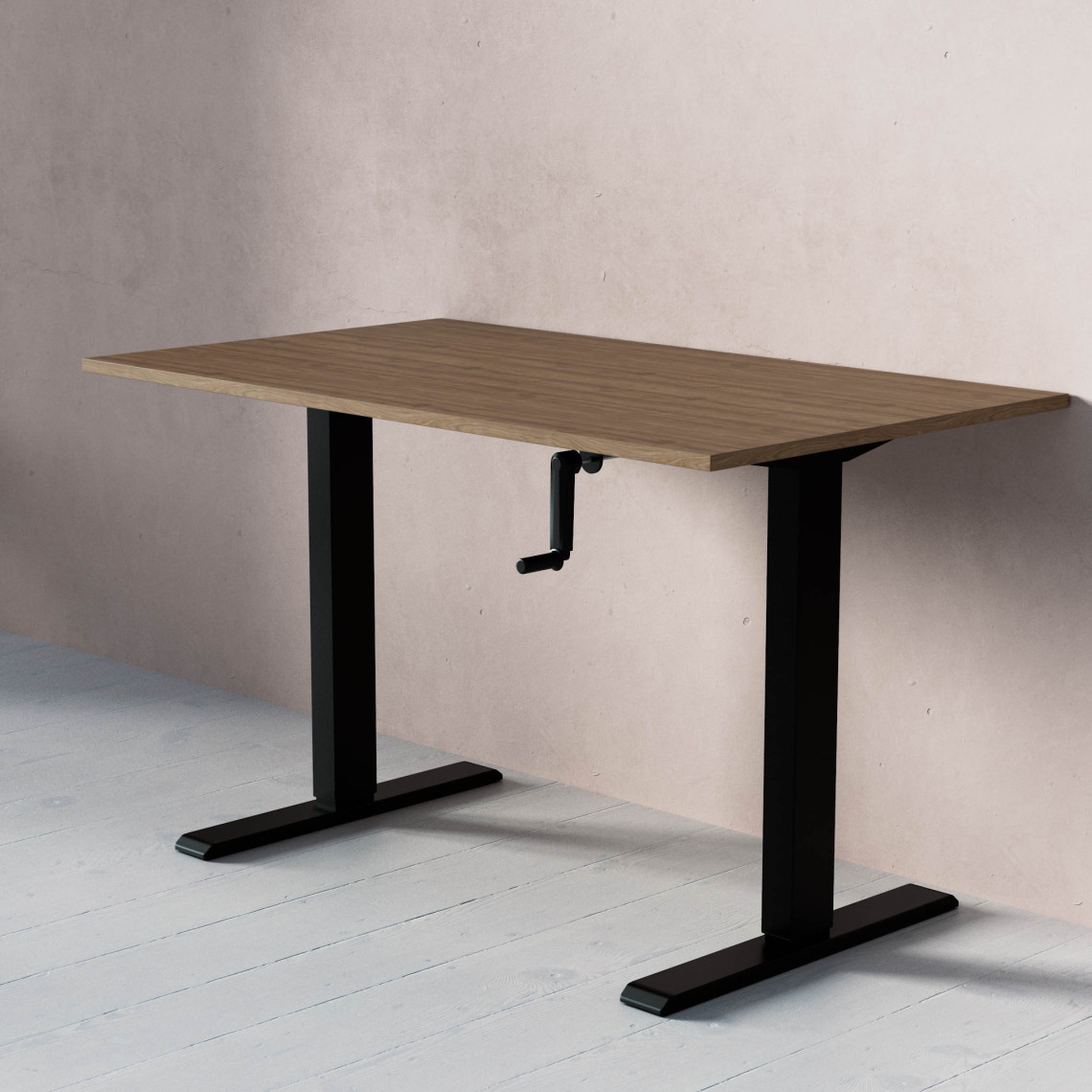Standard Hæve- sænkebord med håndsving, Størrelse 120x70 cm, Bordplade Valnød, Stativ Sort