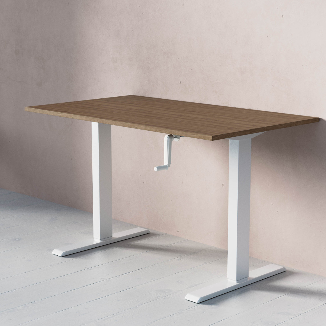 ACT Hæve- sænkebord med håndsving, Størrelse 120x70 cm, Bordplade Valnød, Stativ Hvid