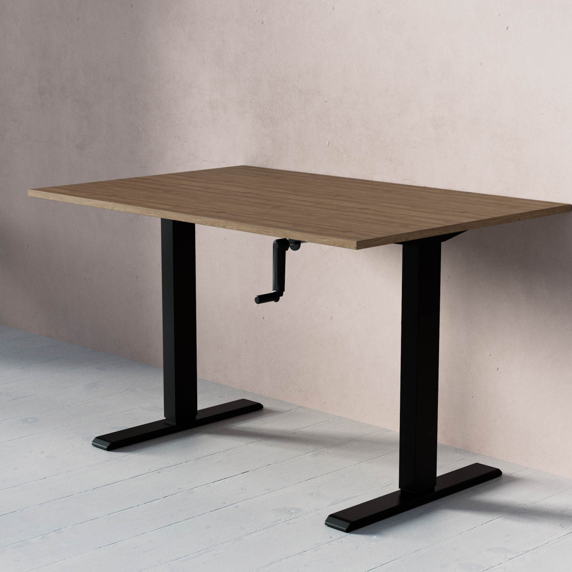 Standard Hæve- sænkebord med håndsving, Størrelse 120x80 cm, Bordplade Valnød, Stativ Sort
