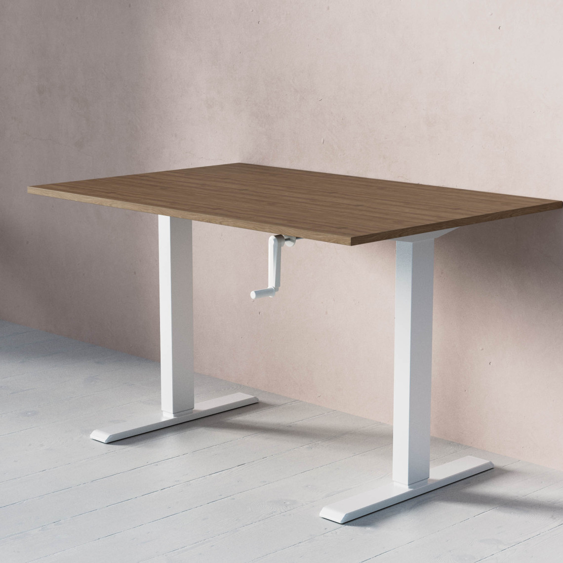 ACT Hæve- sænkebord med håndsving, Størrelse 120x80 cm, Bordplade Valnød, Stativ Hvid