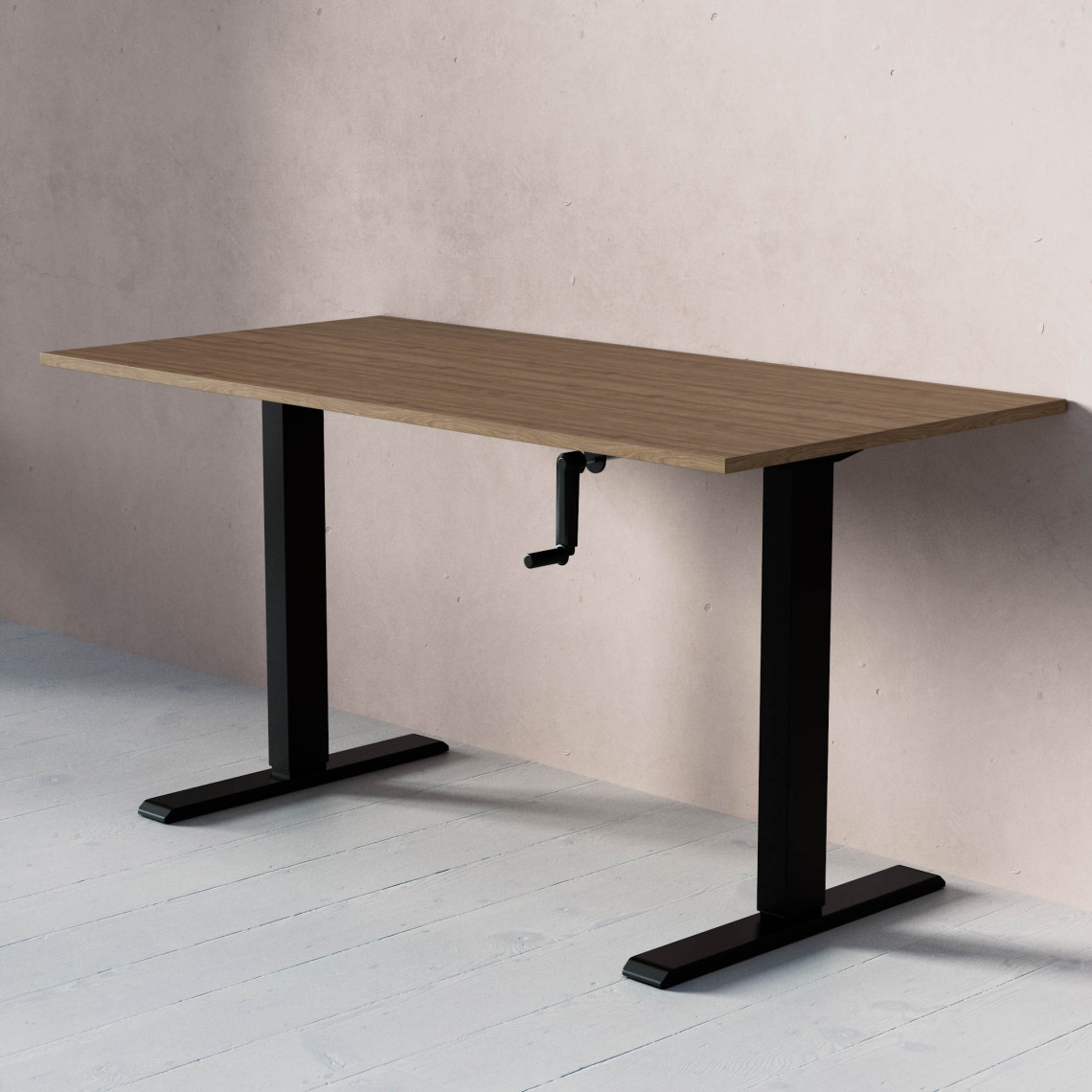 Standard Hæve- sænkebord med håndsving, Størrelse 140x70 cm, Bordplade Valnød, Stativ Sort