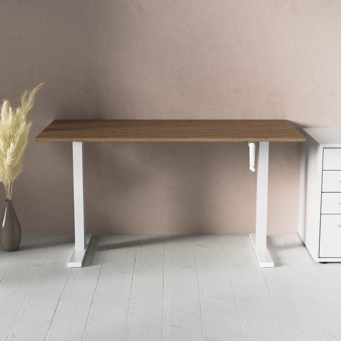 ACT Hæve- sænkebord med håndsving, Størrelse 140x70 cm, Bordplade Valnød, Stativ Hvid