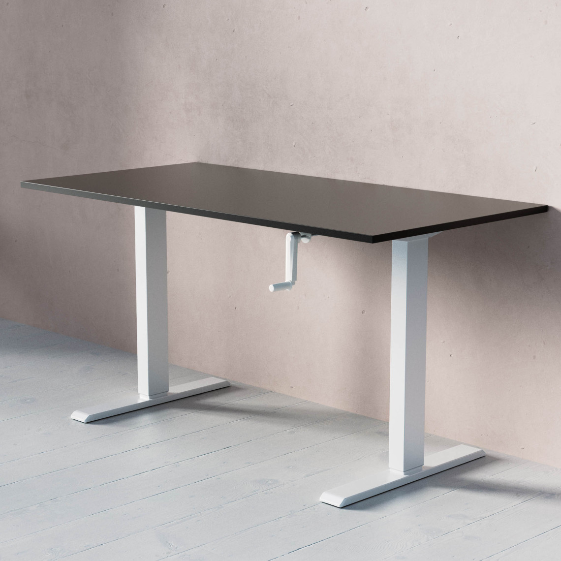 ACT Hæve- sænkebord med håndsving, Størrelse 140x70 cm, Bordplade Sort, Stativ Hvid