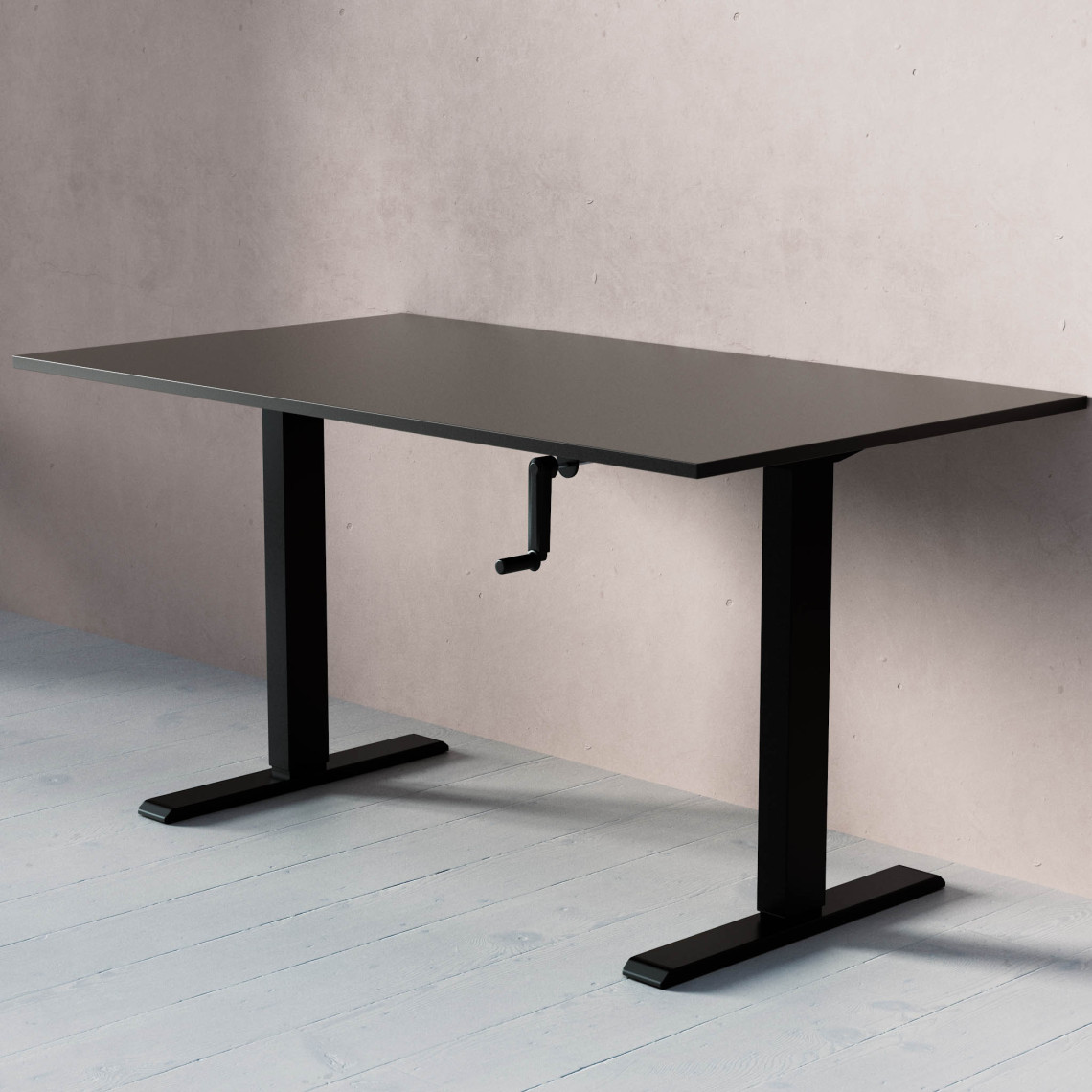 ACT Hæve- sænkebord med håndsving, Størrelse 140x80 cm, Bordplade Sort, Stativ Sort