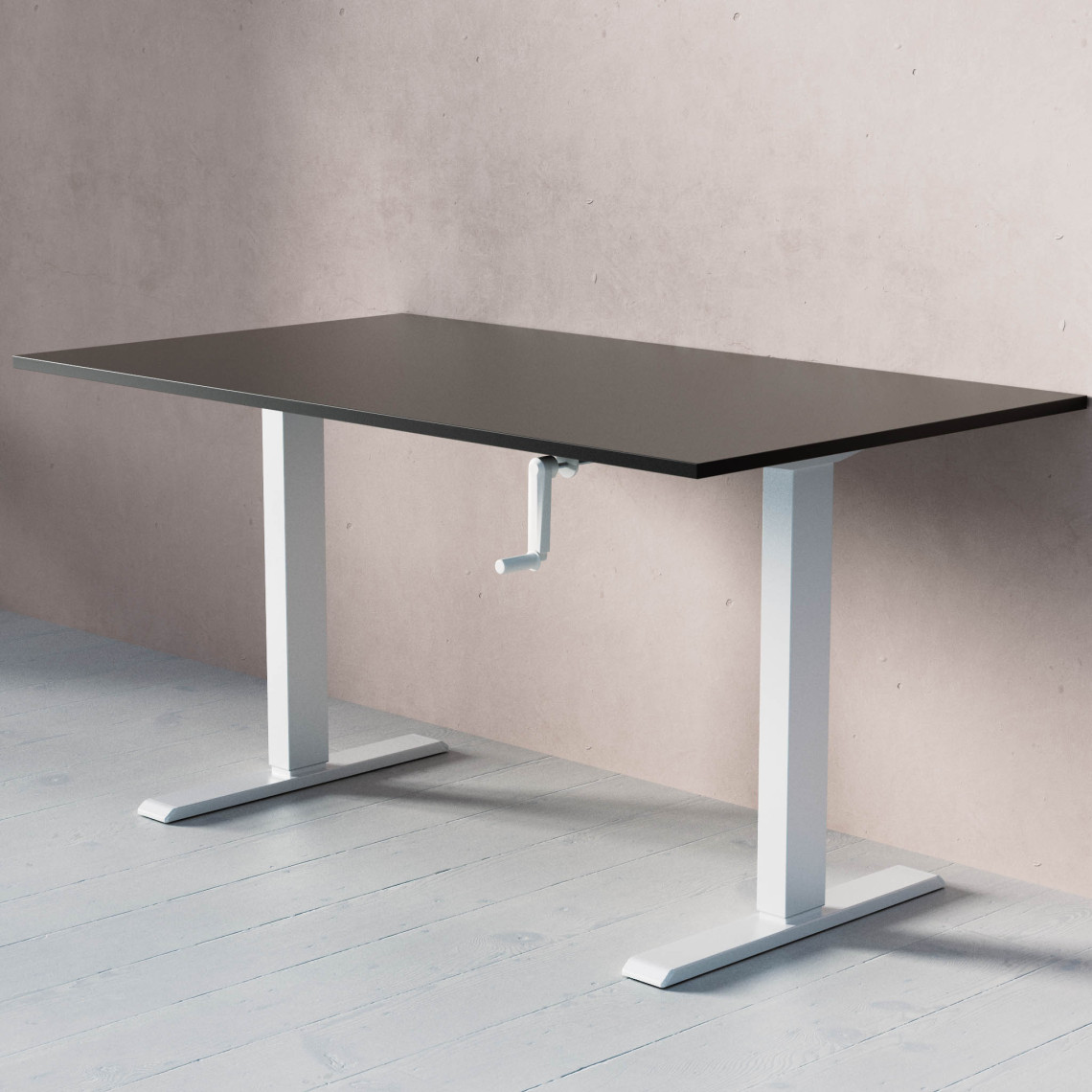 ACT Hæve- sænkebord med håndsving, Størrelse 140x80 cm, Bordplade Sort, Stativ Hvid