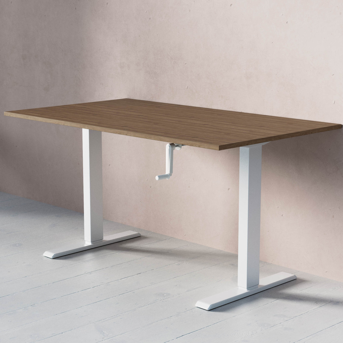 Standard Hæve- sænkebord med håndsving, Størrelse 140x80 cm, Bordplade Valnød, Stativ Hvid