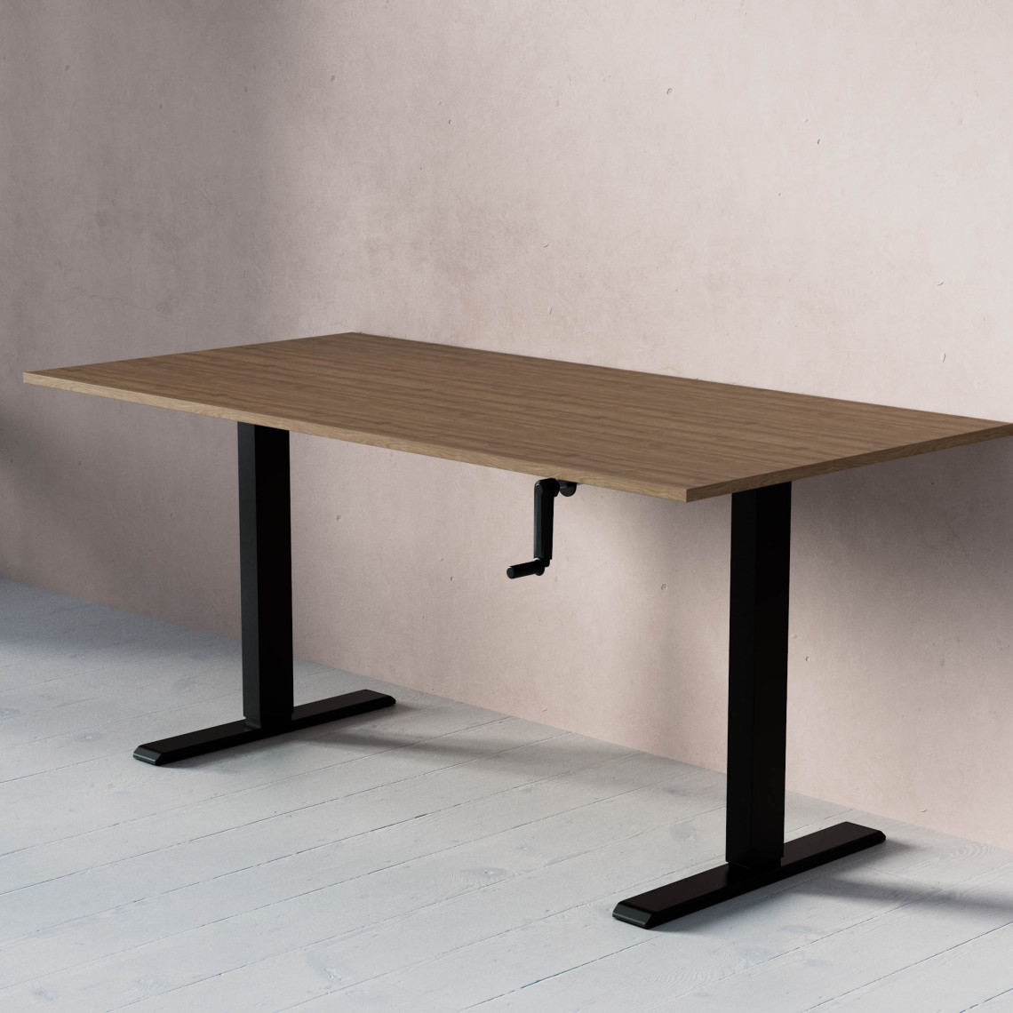 Standard Hæve- sænkebord med håndsving, Størrelse 160x80 cm, Bordplade Valnød, Stativ Sort