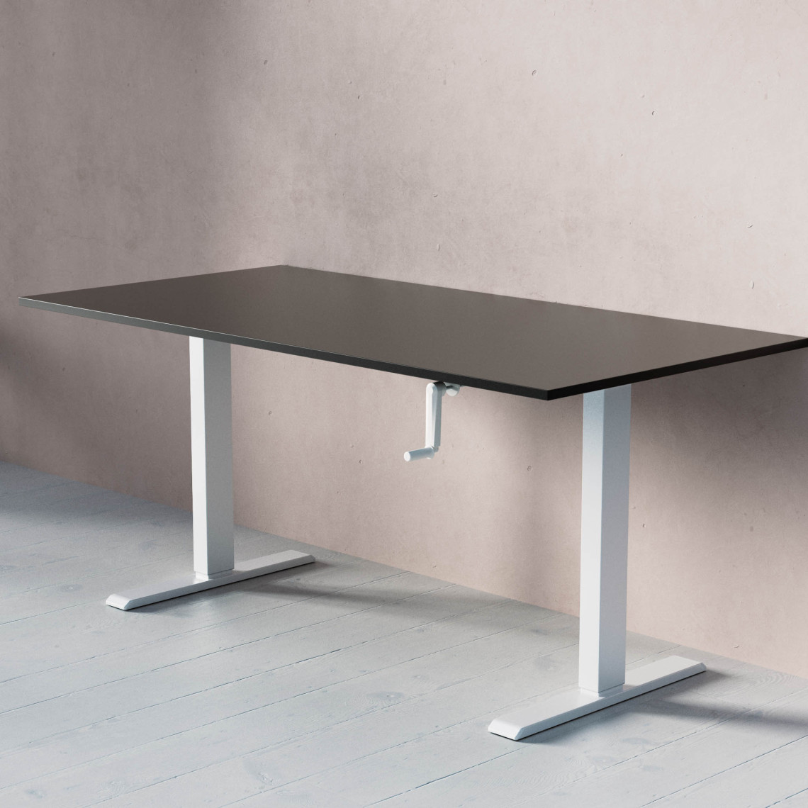 ACT Hæve- sænkebord med håndsving, Størrelse 160x80 cm, Bordplade Sort, Stativ Hvid