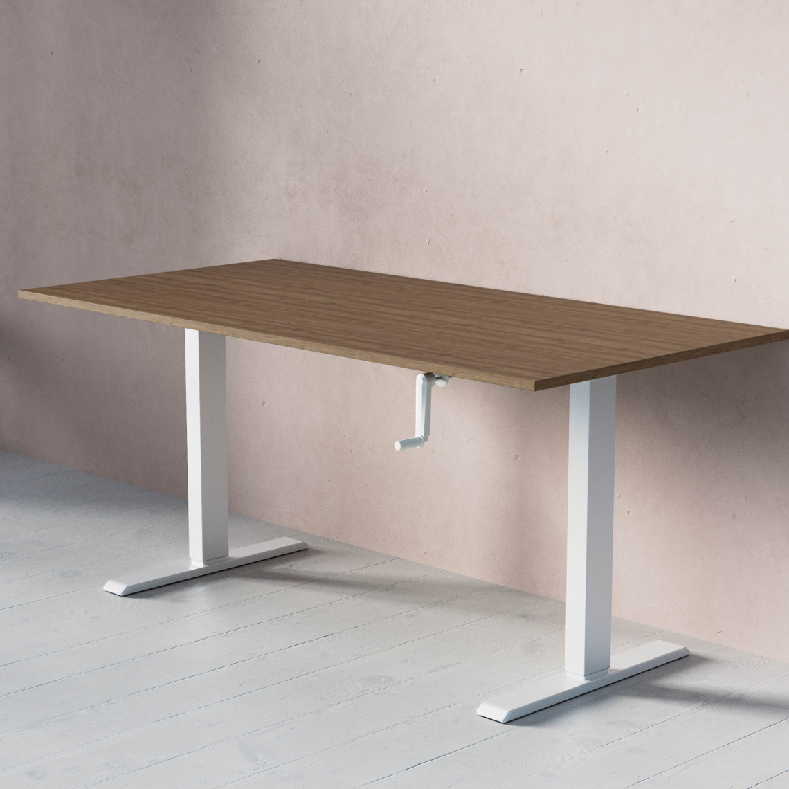 Standard Hæve- sænkebord med håndsving, Størrelse 160x80 cm, Bordplade Valnød, Stativ Hvid