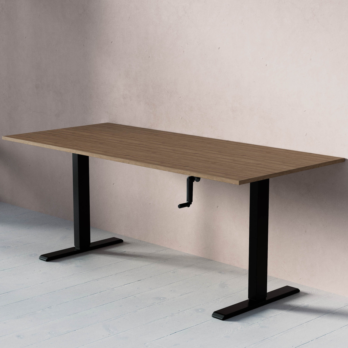 Standard Hæve- sænkebord med håndsving, Størrelse 180x80 cm, Bordplade Valnød, Stativ Sort