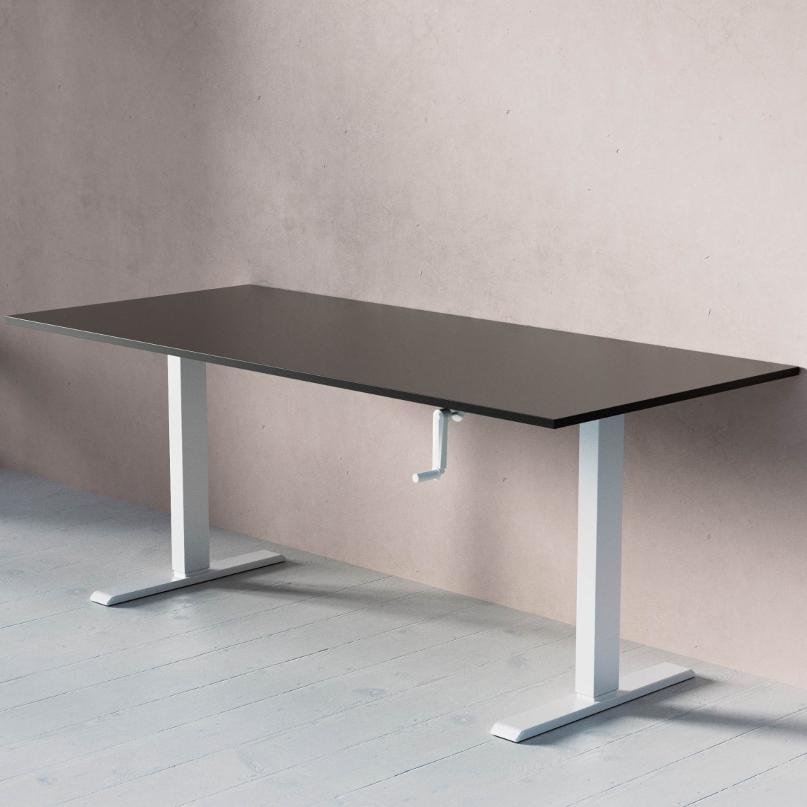 ACT Hæve- sænkebord med håndsving, Størrelse 180x80 cm, Bordplade Sort, Stativ Hvid