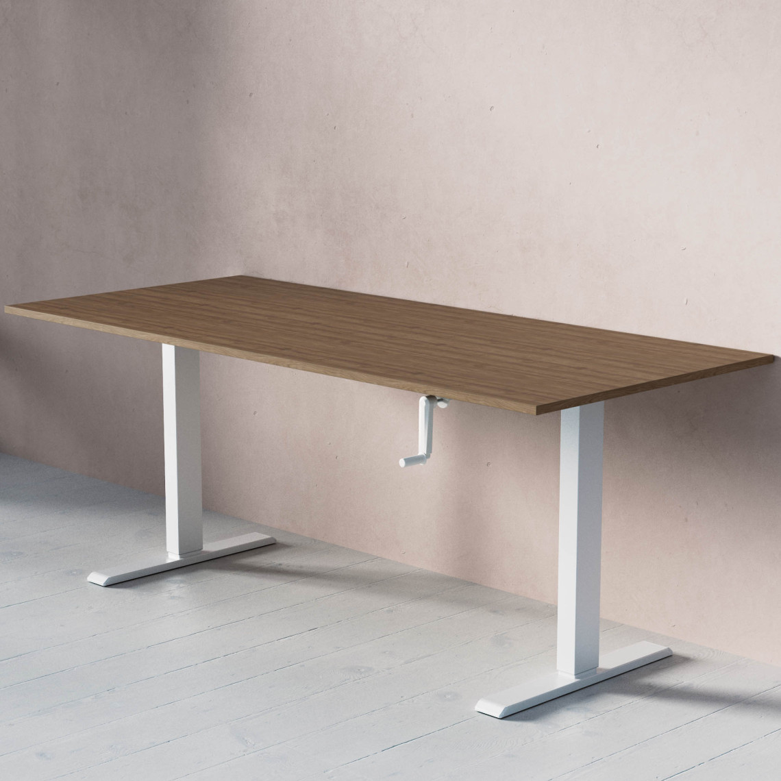 ACT Hæve- sænkebord med håndsving, Størrelse 180x80 cm, Bordplade Valnød, Stativ Hvid
