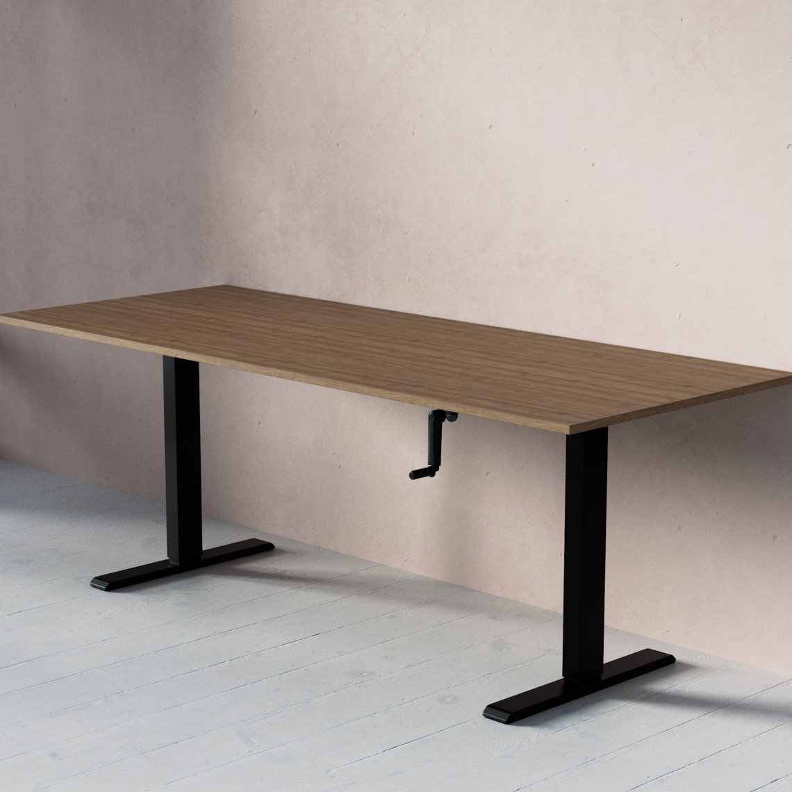 Standard Hæve- sænkebord med håndsving, Størrelse 200x80 cm, Bordplade Valnød, Stativ Sort
