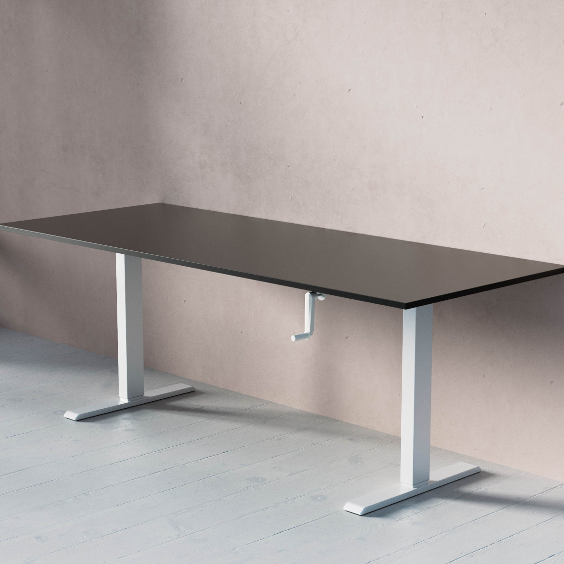 ACT Hæve- sænkebord med håndsving, Størrelse 200x80 cm, Bordplade Sort, Stativ Hvid