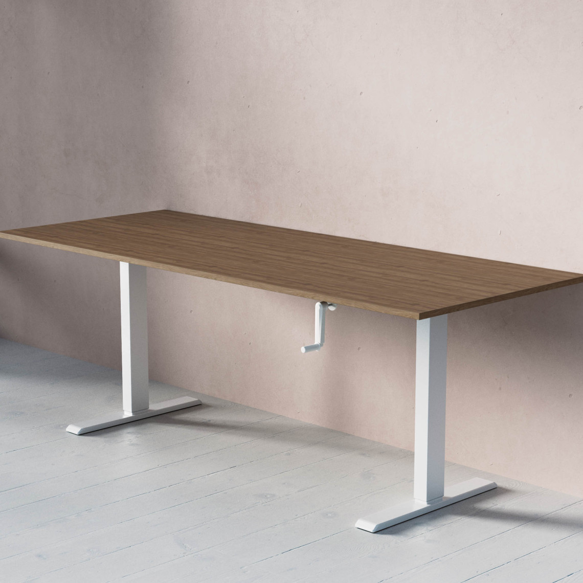 ACT Hæve- sænkebord med håndsving, Størrelse 200x80 cm, Bordplade Valnød, Stativ Hvid