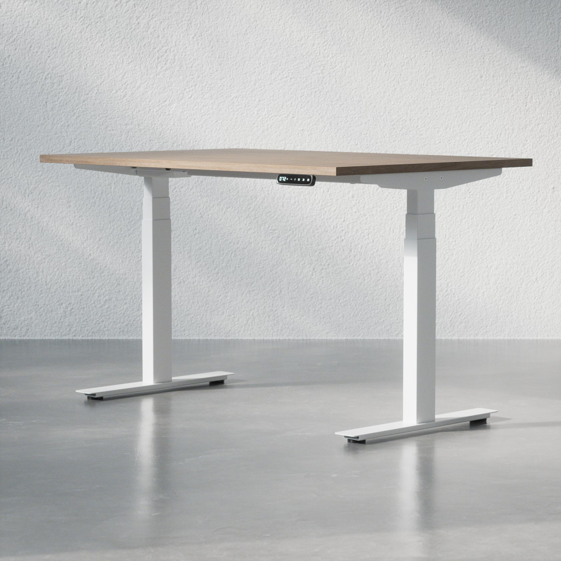 Hæve sænkebord - Premium, Størrelse 120x80 cm, Bordplade Valnød, Stativ Hvid