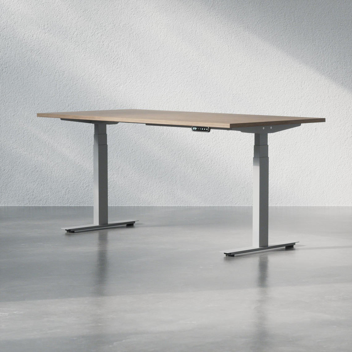 Hæve sænkebord - Premium, Størrelse 160x80 cm, Bordplade Valnød, Stativ Sølv