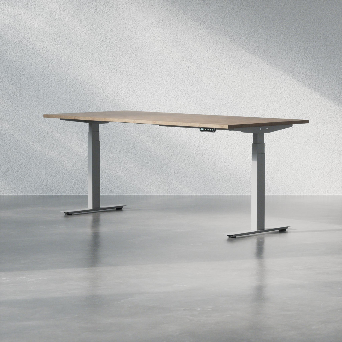 Hæve sænkebord - Premium, Størrelse 180x80 cm, Bordplade Valnød, Stativ Sølv