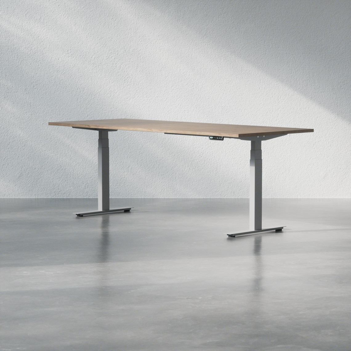 Hæve sænkebord - Premium, Størrelse 200x80 cm, Bordplade Valnød, Stativ Sølv