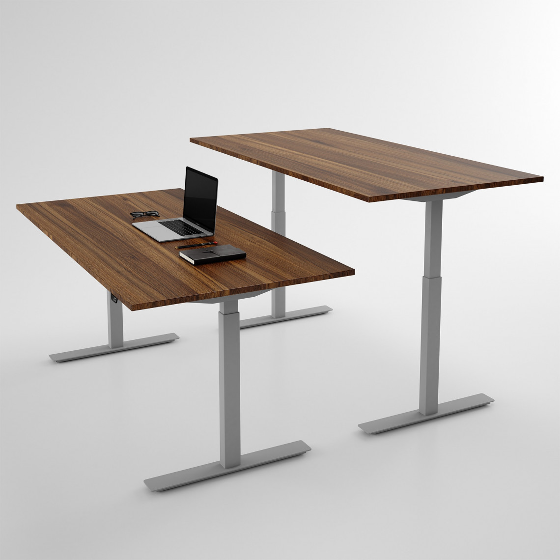 Hæve sænkebord - Pro3, Størrelse 120x60 cm, Bordplade Valnød, Stativ Sølv