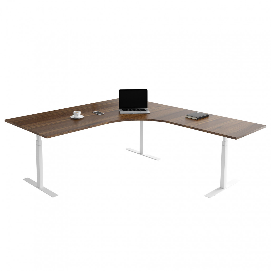 Fast hjørne skrivebord, Størrelse 160 x 200 cm, Bordplade Valnød, Stativ Hvid
