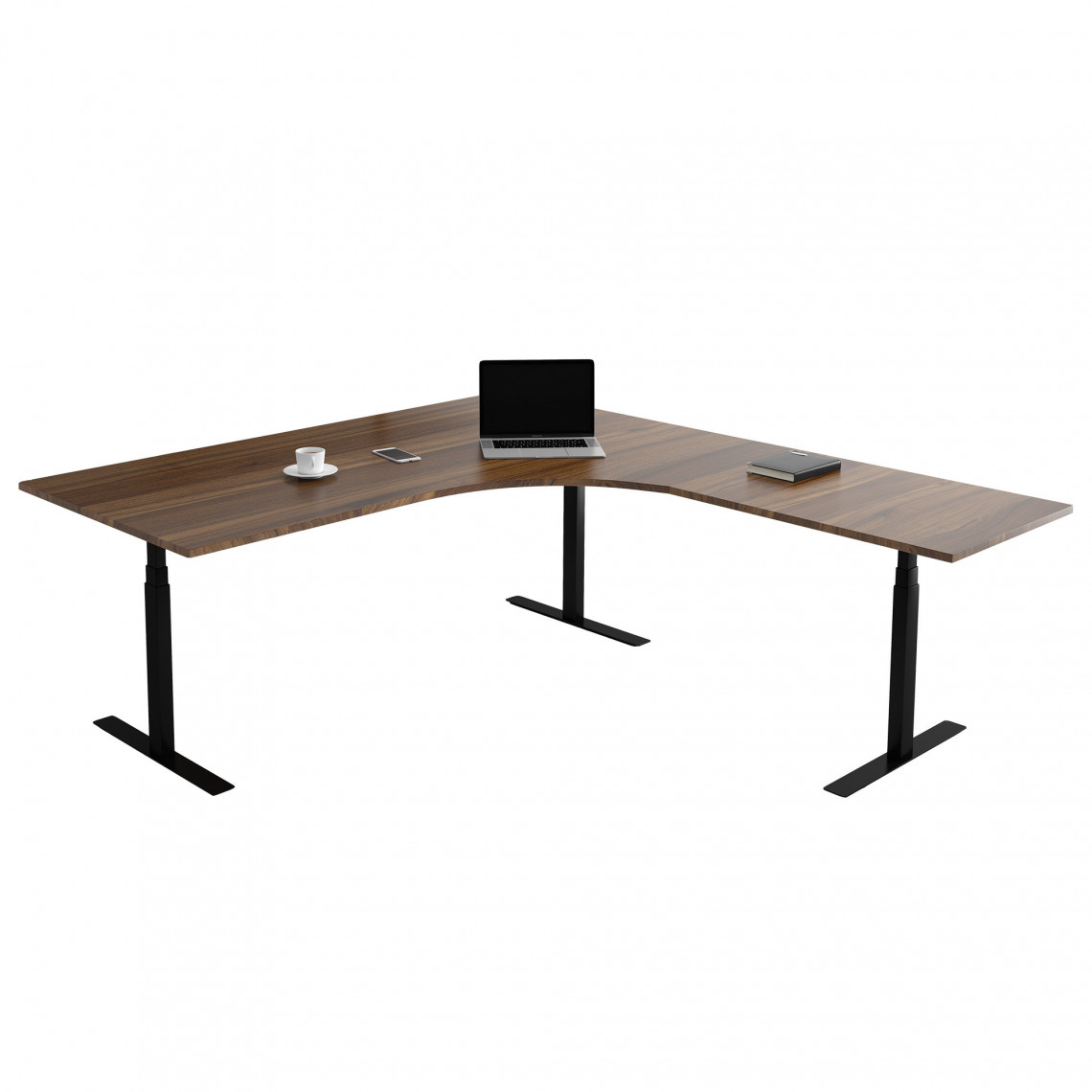 Fast hjørne skrivebord, Størrelse 160 x 200 cm, Bordplade Valnød, Stativ Sort