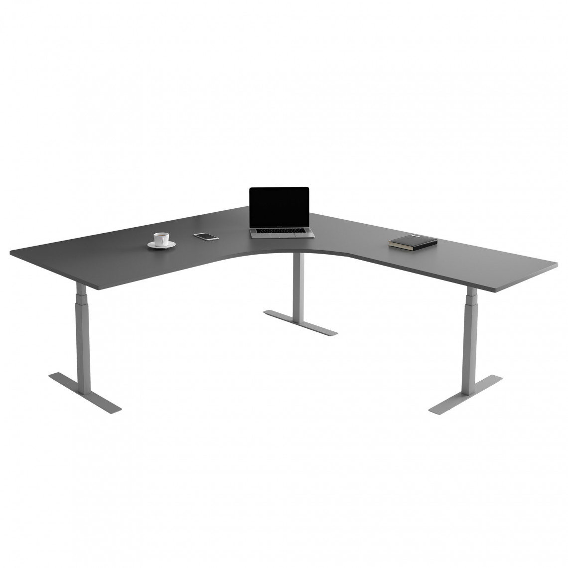 Fast hjørne skrivebord, Størrelse 160 x 200 cm, Bordplade Mørkegrå, Stativ Sølv