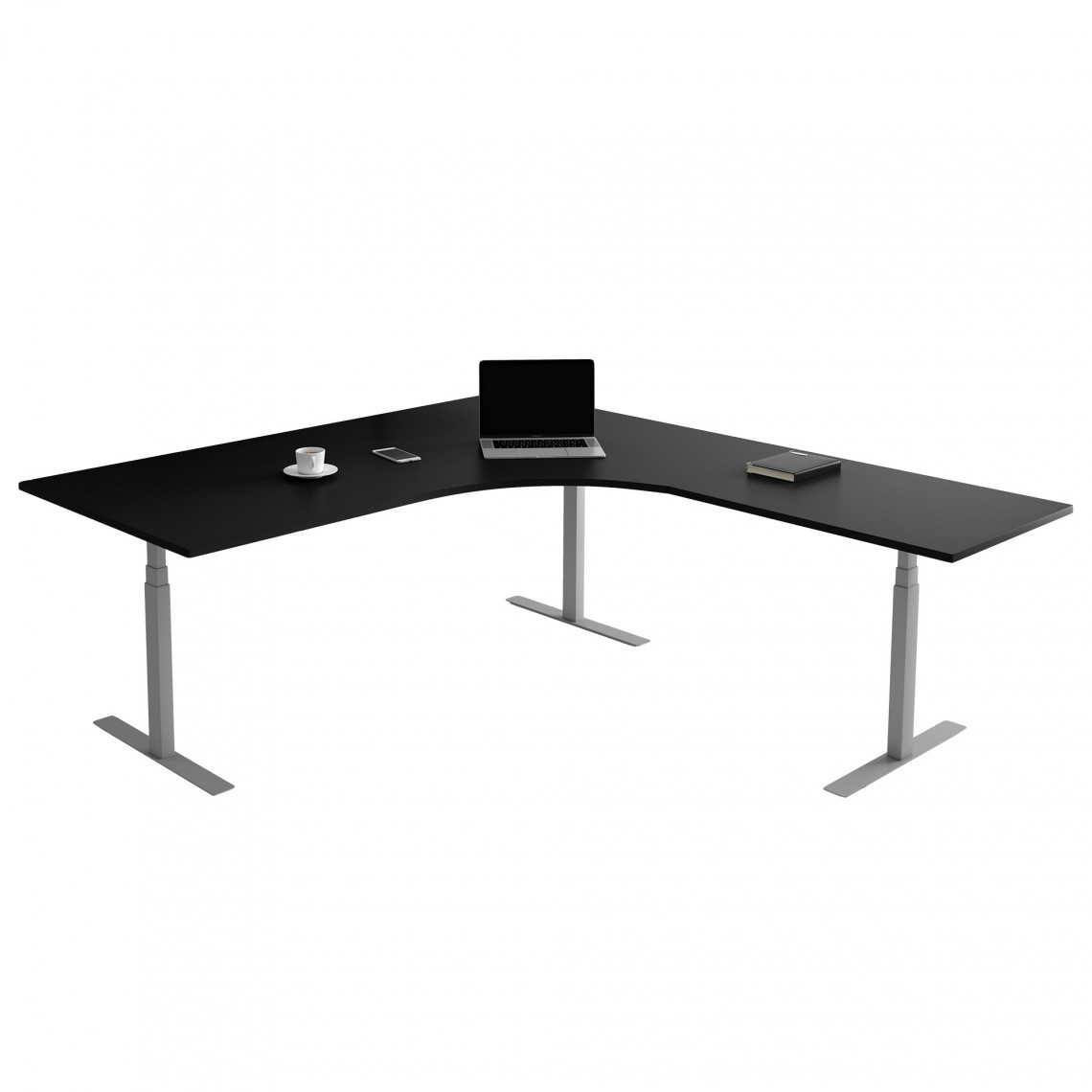 Fast hjørne skrivebord, Størrelse 160 x 200 cm, Bordplade Sort, Stativ Sølv