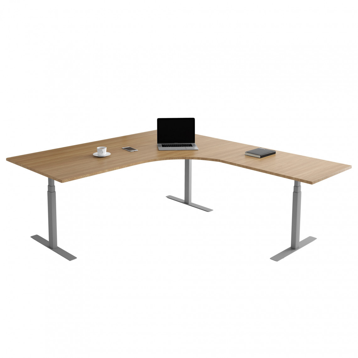 Fast hjørne skrivebord, Størrelse 160 x 200 cm, Bordplade Eg, Stativ Sølv