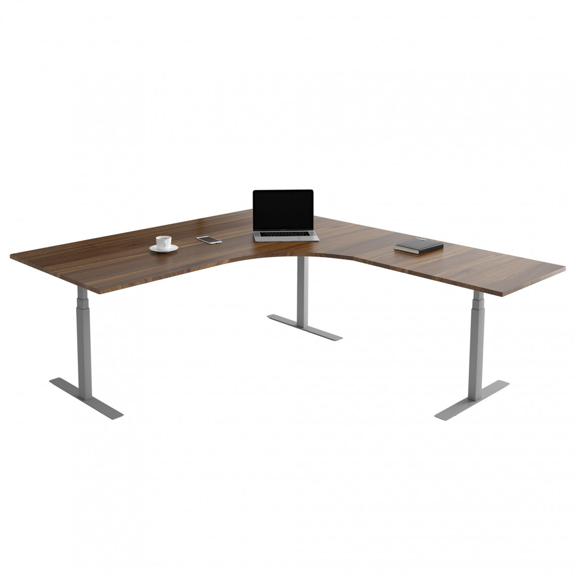 Fast hjørne skrivebord, Størrelse 160 x 200 cm, Bordplade Valnød, Stativ Sølv